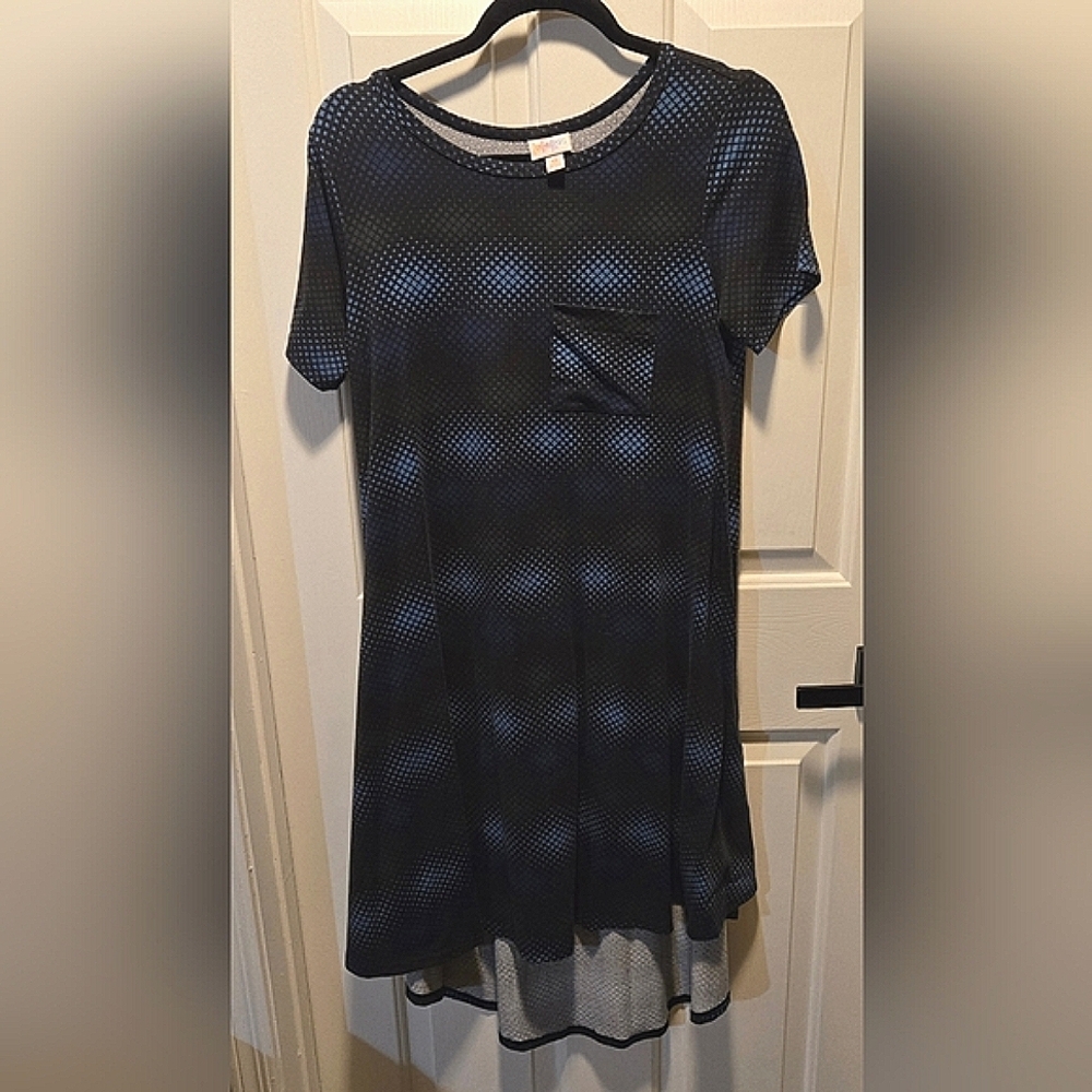 Lularoe XSP Blk/Blue Geo Pattern Carly 👕 Dress Hi-Low Mid Length Front Pocket